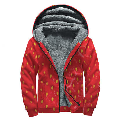 Red Strawberry Print Sherpa Lined Zip Up Hoodie
