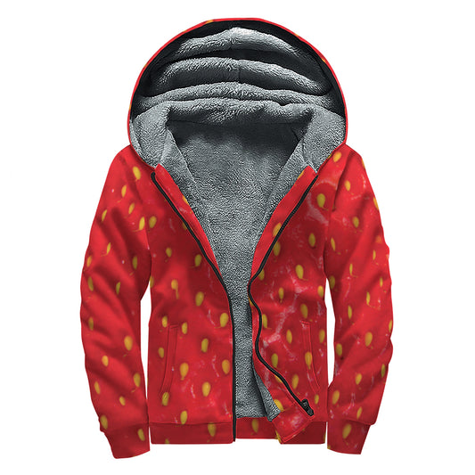 Red Strawberry Print Sherpa Lined Zip Up Hoodie