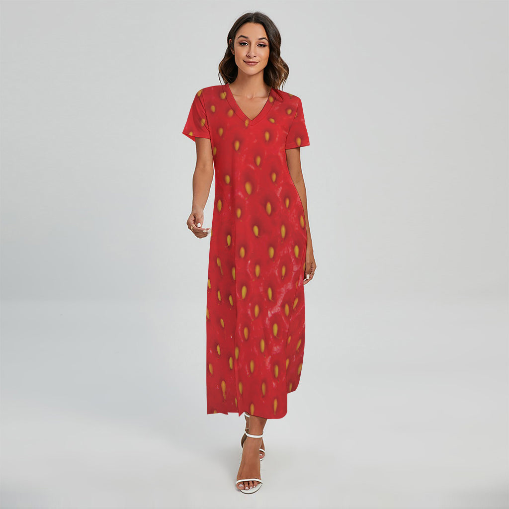 Red Strawberry Print Short Sleeve Maxi Dress