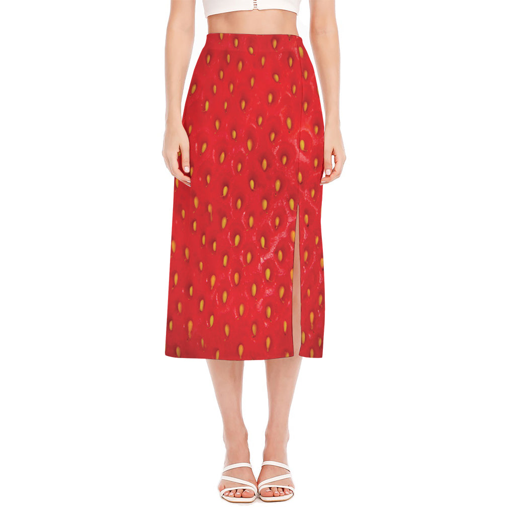 Red Strawberry Print Side Slit Midi Skirt