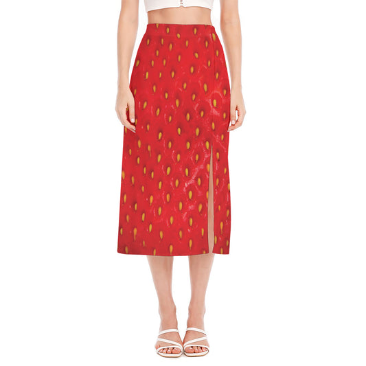 Red Strawberry Print Side Slit Midi Skirt