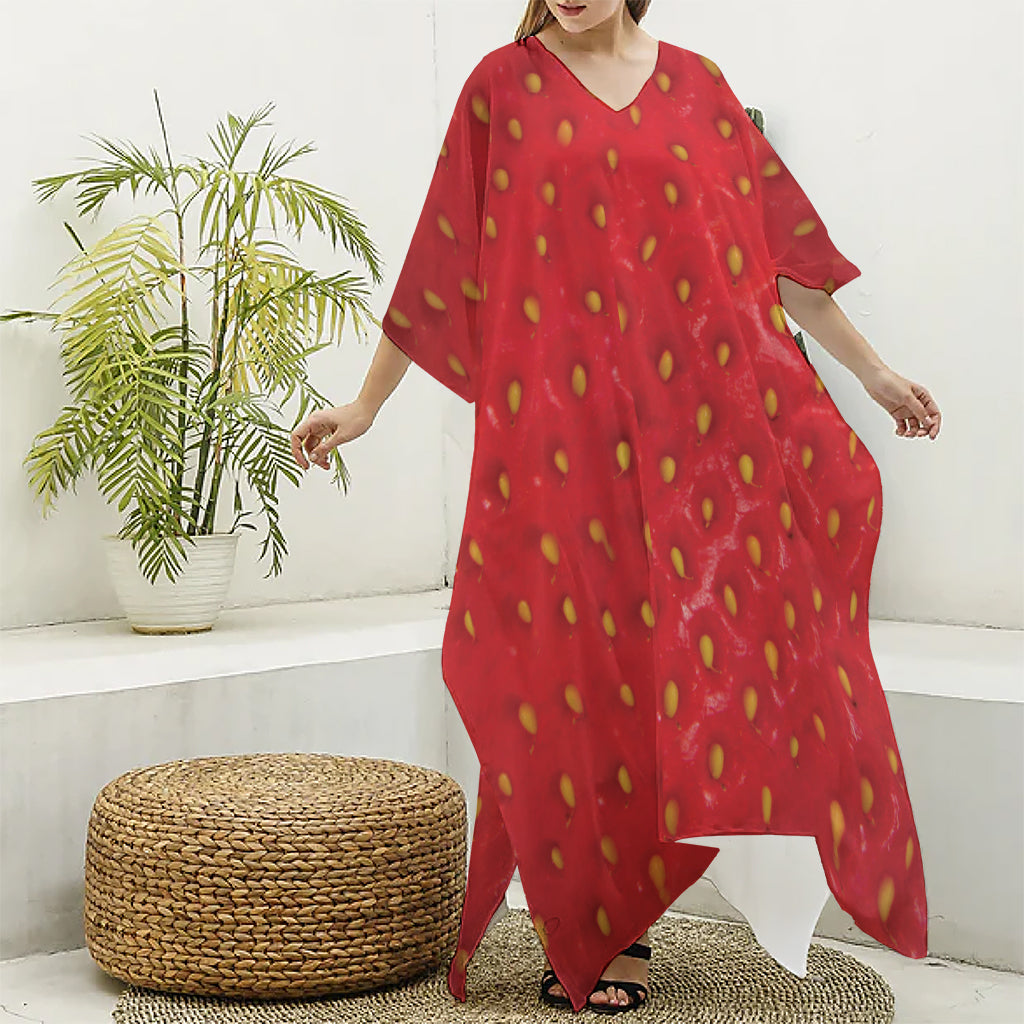 Red Strawberry Print Silk V-Neck Kaftan Dress