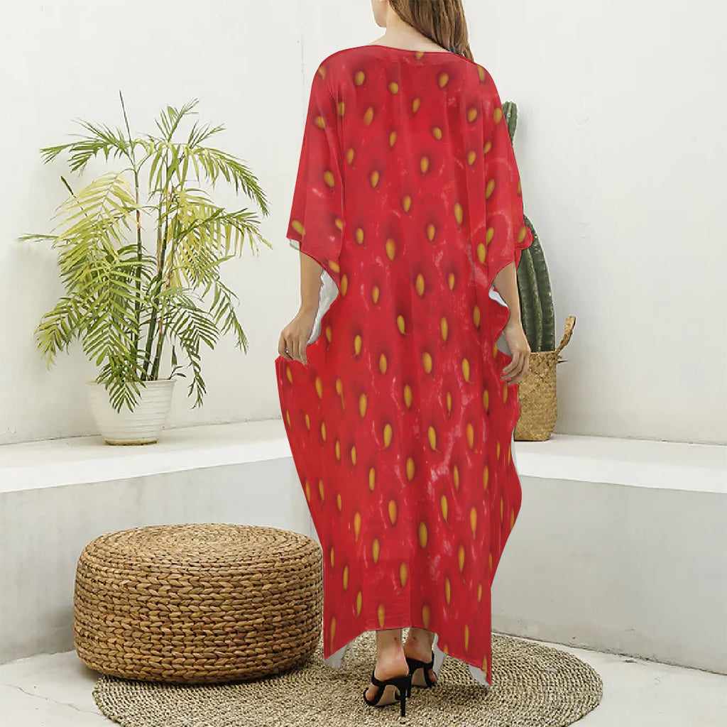 Red Strawberry Print Silk V-Neck Kaftan Dress