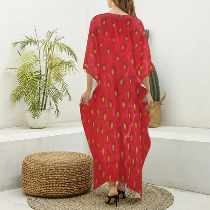 Red Strawberry Print Silk V-Neck Kaftan Dress