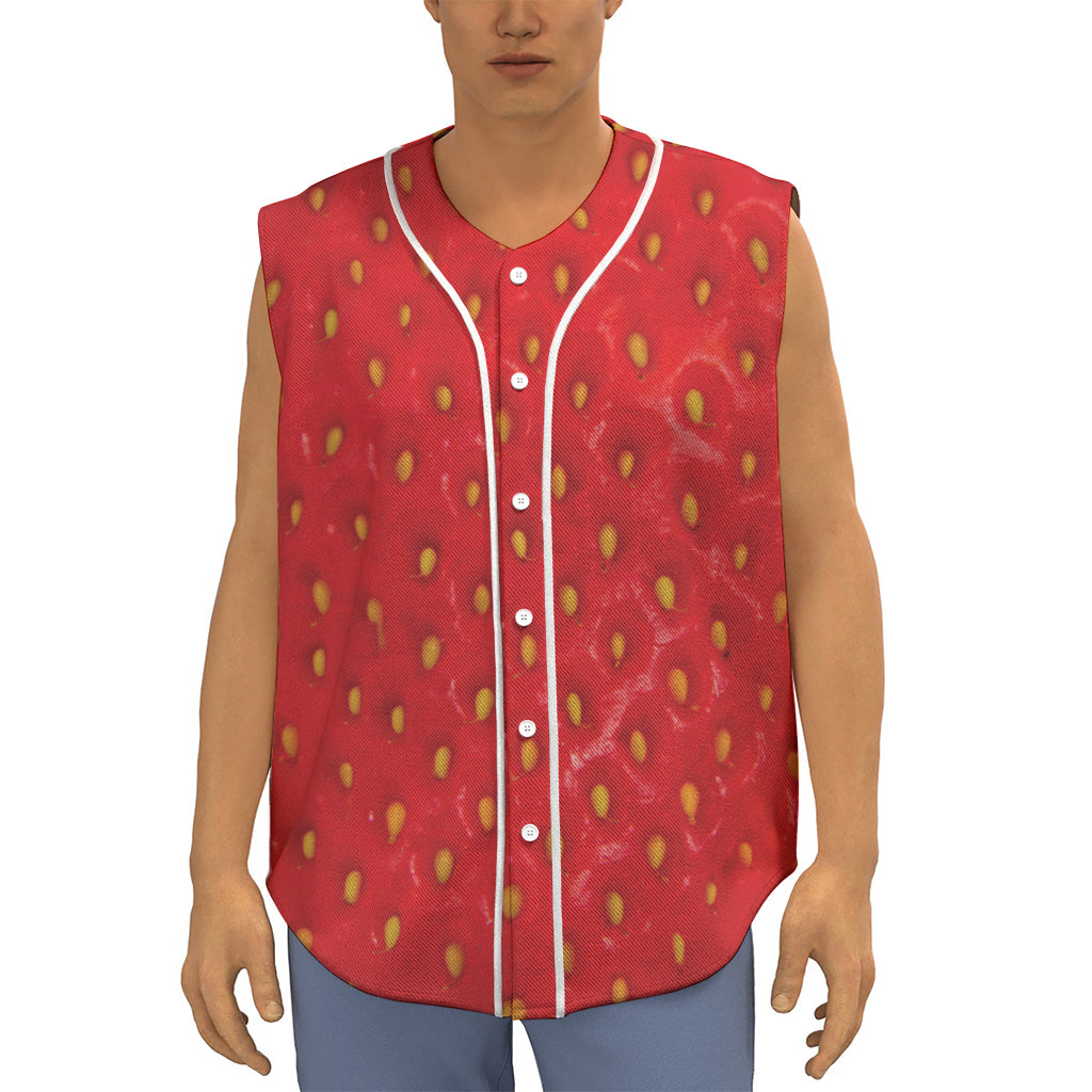 Red Strawberry Print Sleeveless Baseball Jersey