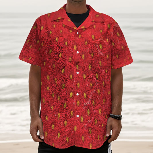 Red Strawberry Print Textured Short Sleeve Shirt