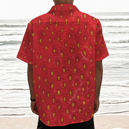 Red Strawberry Print Textured Short Sleeve Shirt