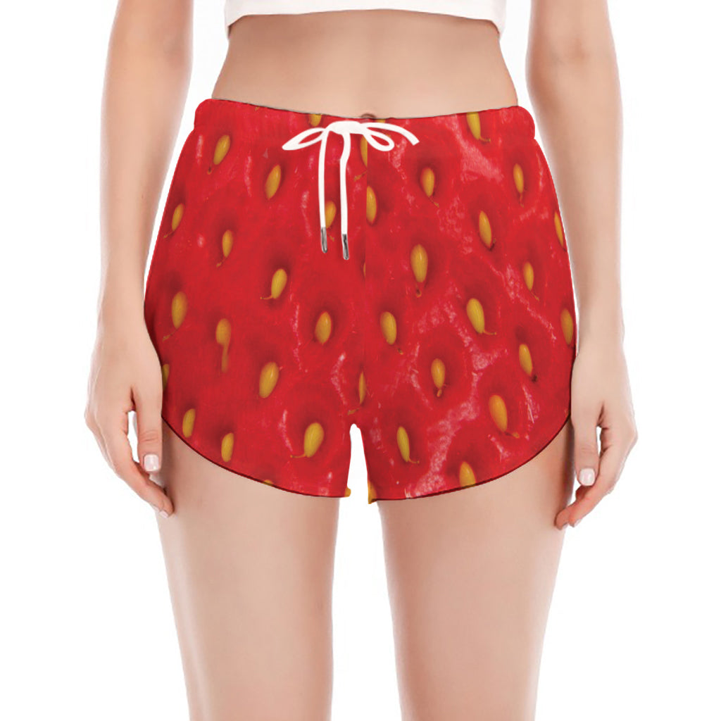 Red Strawberry Print Women's Split Running Shorts