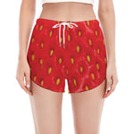 Red Strawberry Print Women's Split Running Shorts