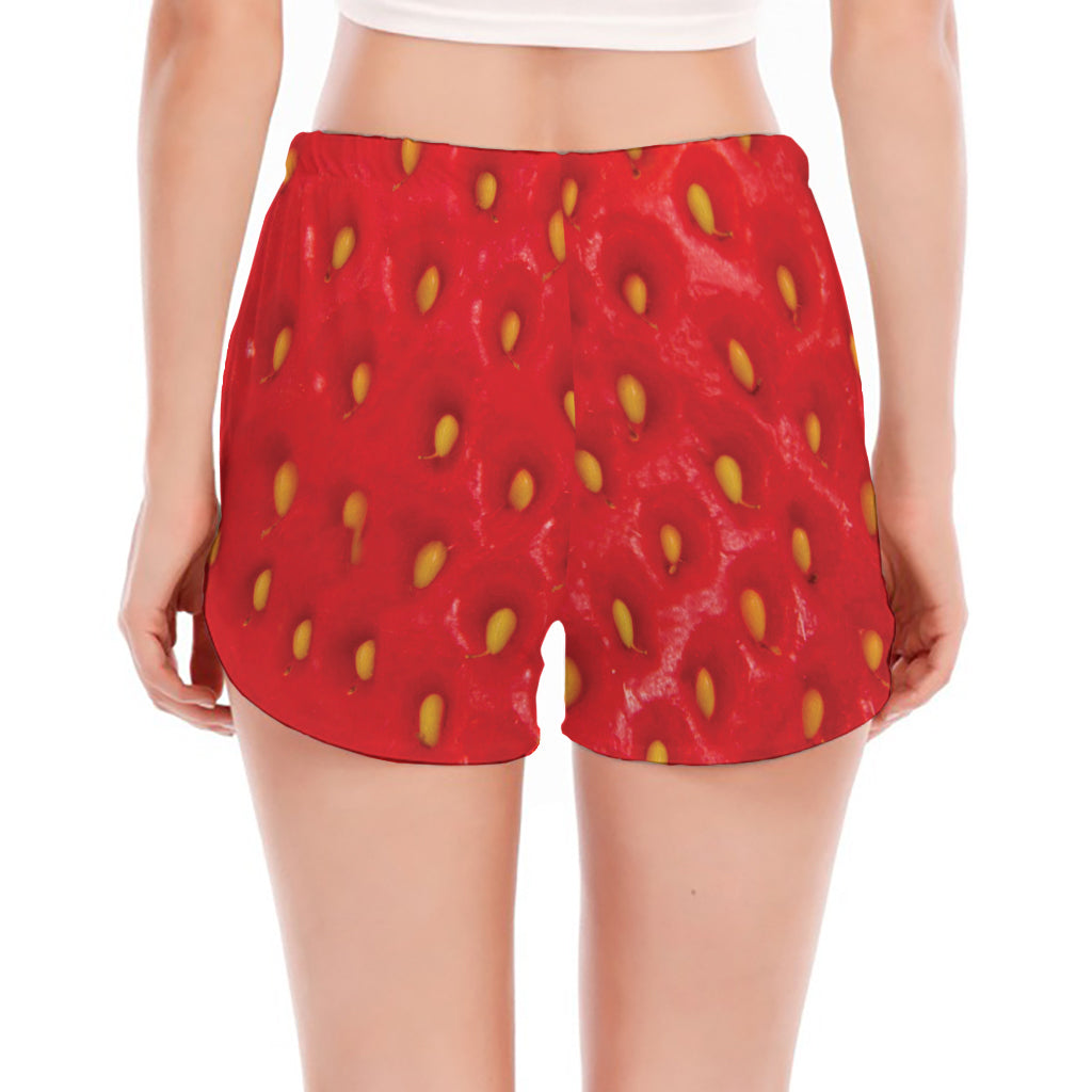 Red Strawberry Print Women's Split Running Shorts