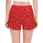 Red Strawberry Print Women's Split Running Shorts