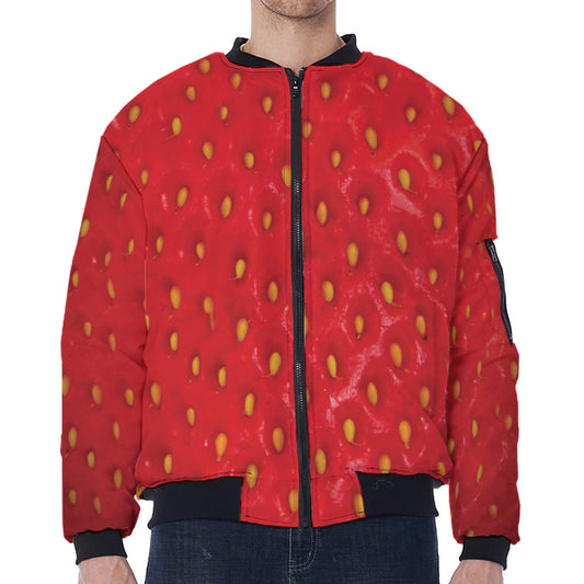 Red Strawberry Print Zip Sleeve Bomber Jacket