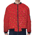 Red Strawberry Print Zip Sleeve Bomber Jacket