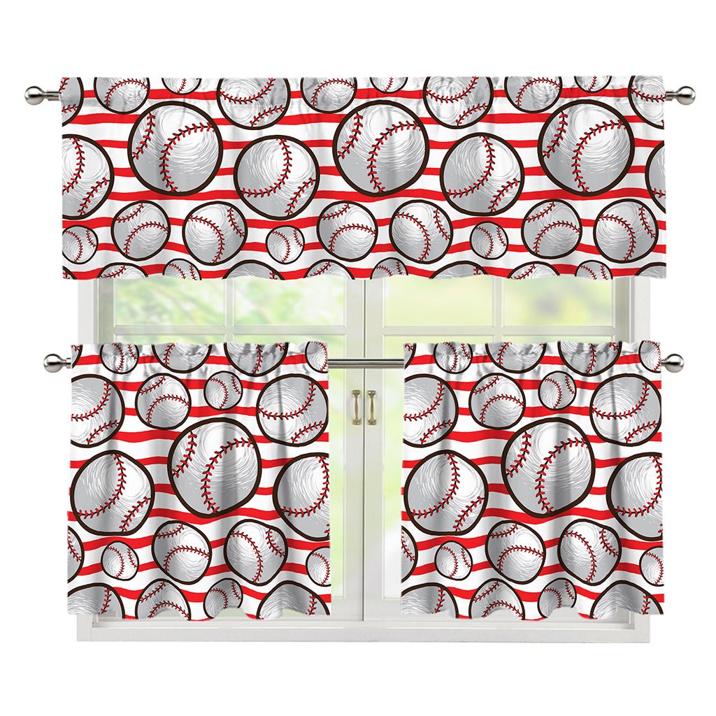 Red Striped Baseball Pattern Print 3 Piece Kitchen Curtains