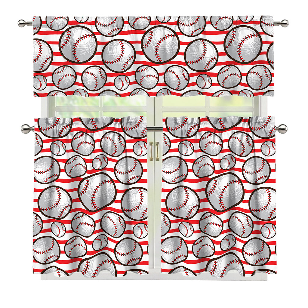 Red Striped Baseball Pattern Print 3 Piece Kitchen Curtains