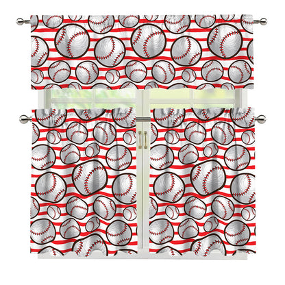 Red Striped Baseball Pattern Print 3 Piece Kitchen Curtains