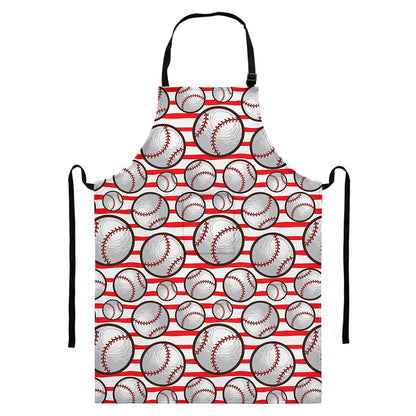 Red Striped Baseball Pattern Print Bib Apron With Pocket