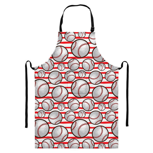 Red Striped Baseball Pattern Print Bib Apron With Pocket
