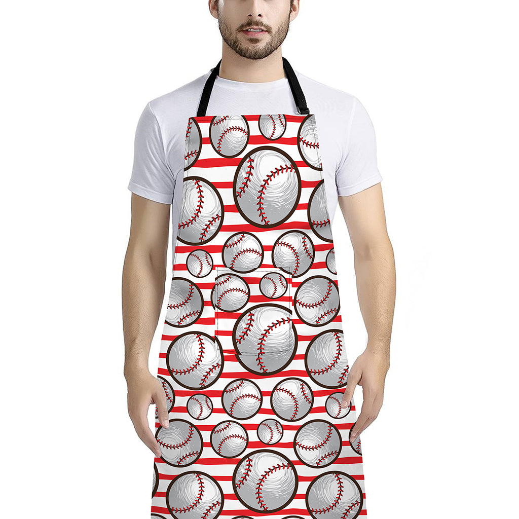 Red Striped Baseball Pattern Print Bib Apron With Pocket