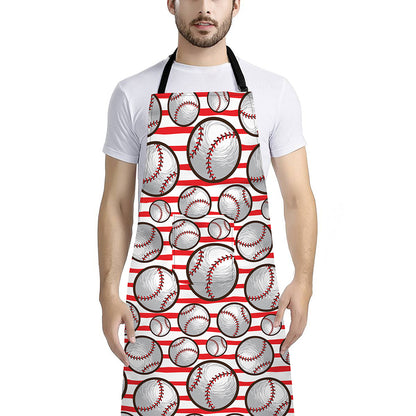 Red Striped Baseball Pattern Print Bib Apron With Pocket