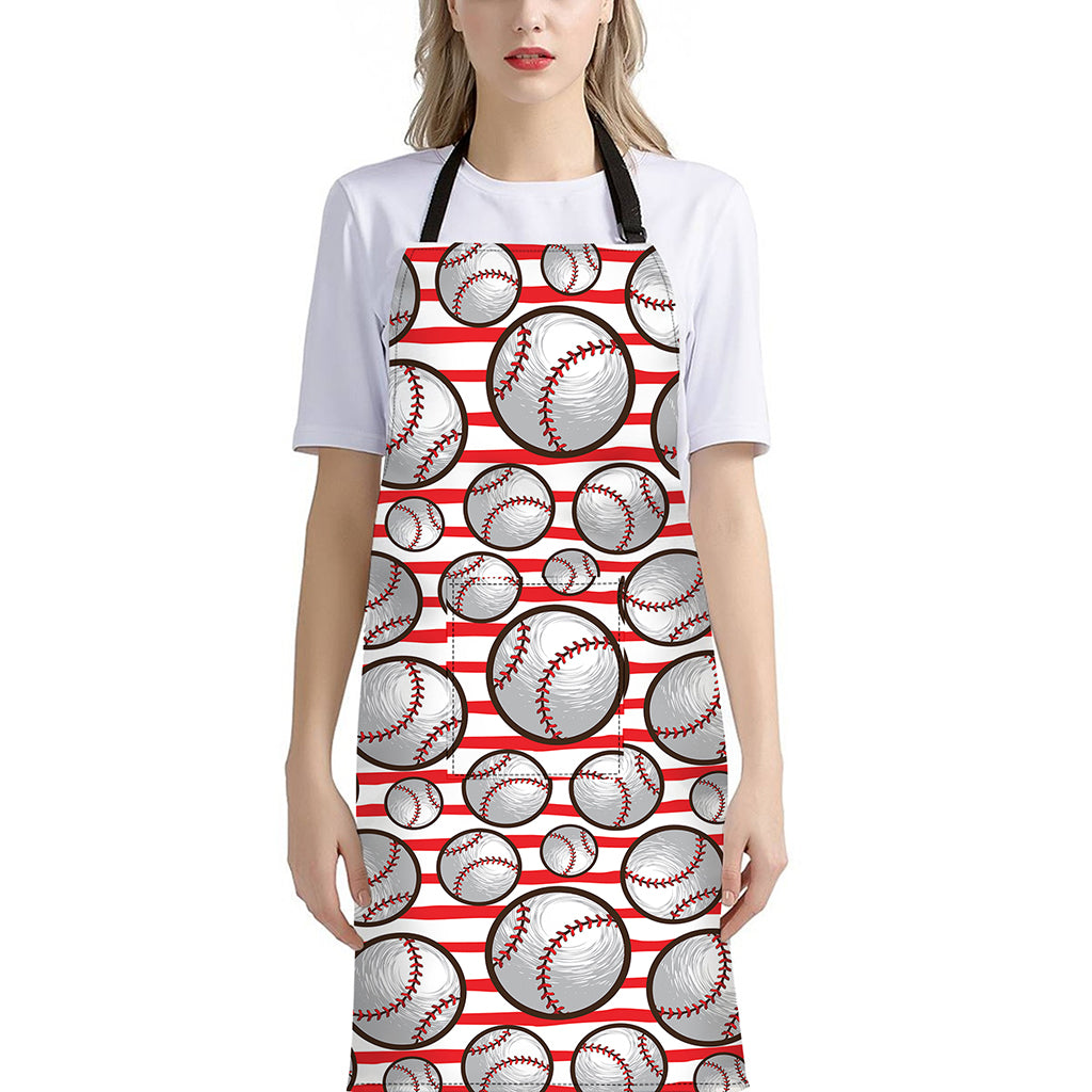Red Striped Baseball Pattern Print Bib Apron With Pocket