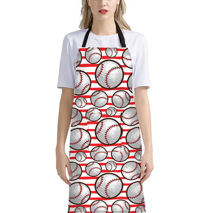 Red Striped Baseball Pattern Print Bib Apron With Pocket