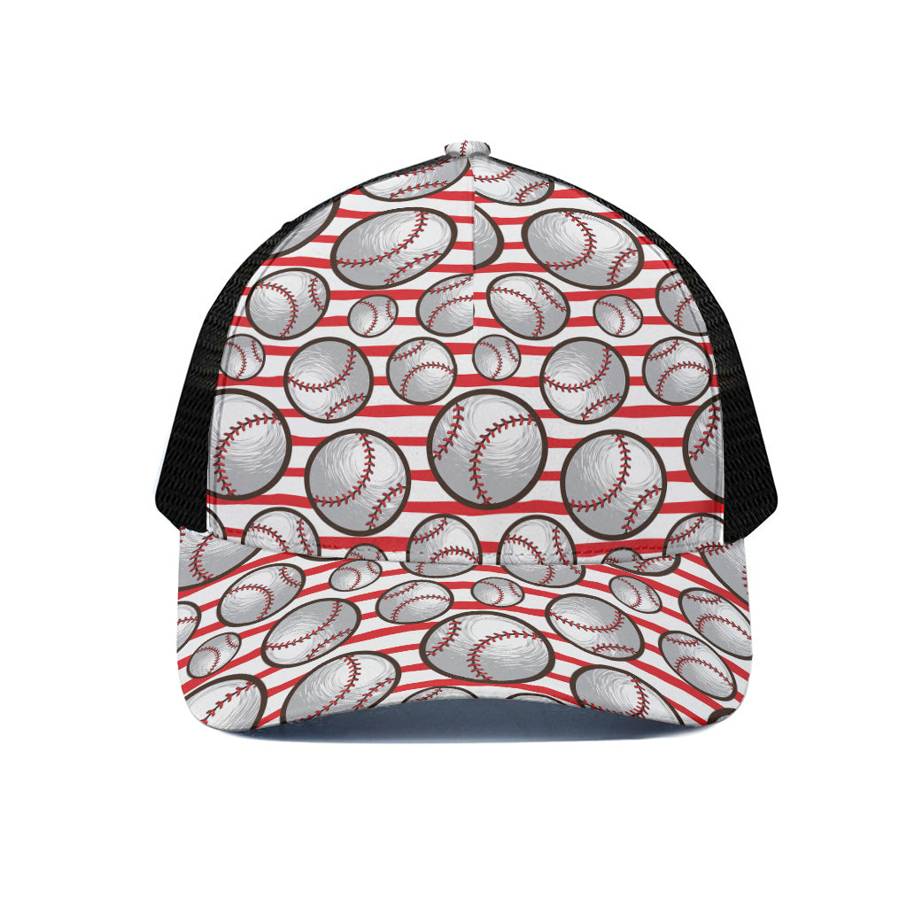 Red Striped Baseball Pattern Print Black Mesh Trucker Cap