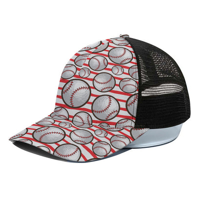 Red Striped Baseball Pattern Print Black Mesh Trucker Cap