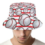Red Striped Baseball Pattern Print Bucket Hat