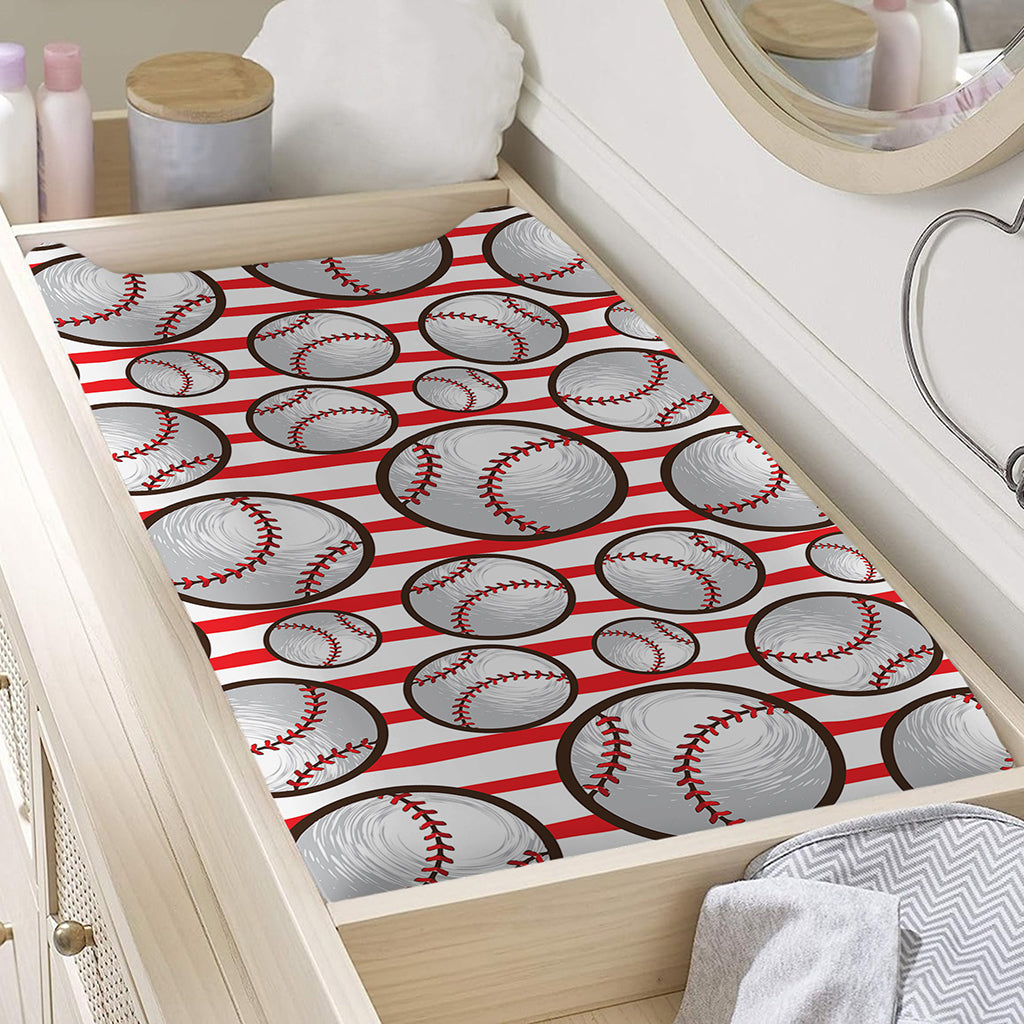 Red Striped Baseball Pattern Print Changing Pad Cover