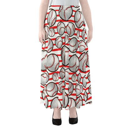 Red Striped Baseball Pattern Print Chiffon Maxi Skirt