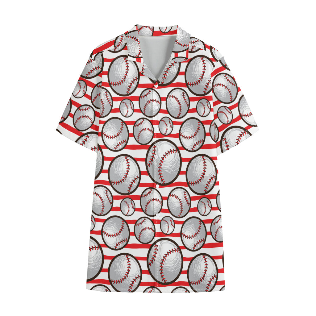 Red Striped Baseball Pattern Print Cotton Hawaiian Shirt
