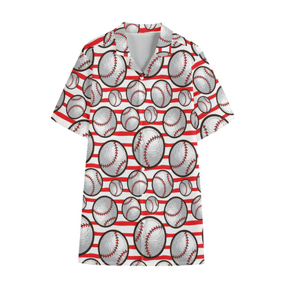 Red Striped Baseball Pattern Print Cotton Hawaiian Shirt