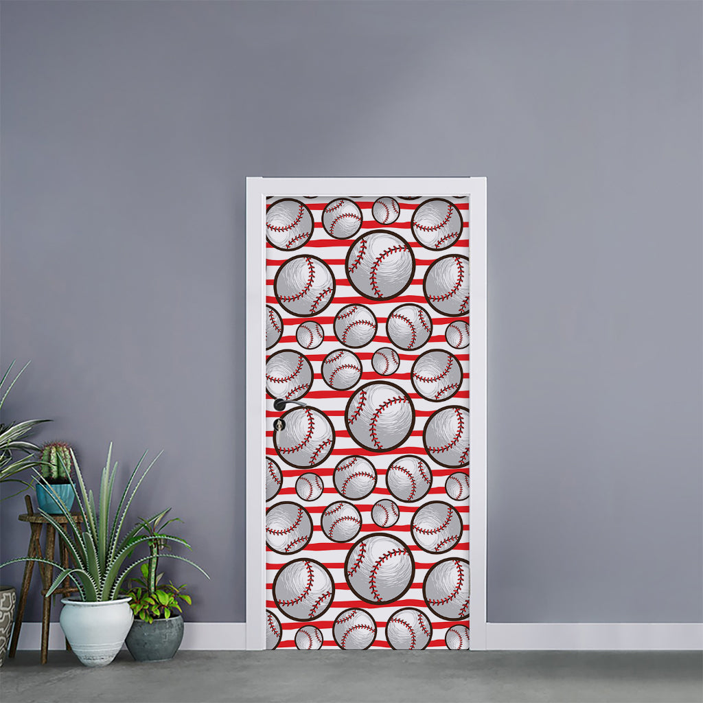 Red Striped Baseball Pattern Print Door Sticker