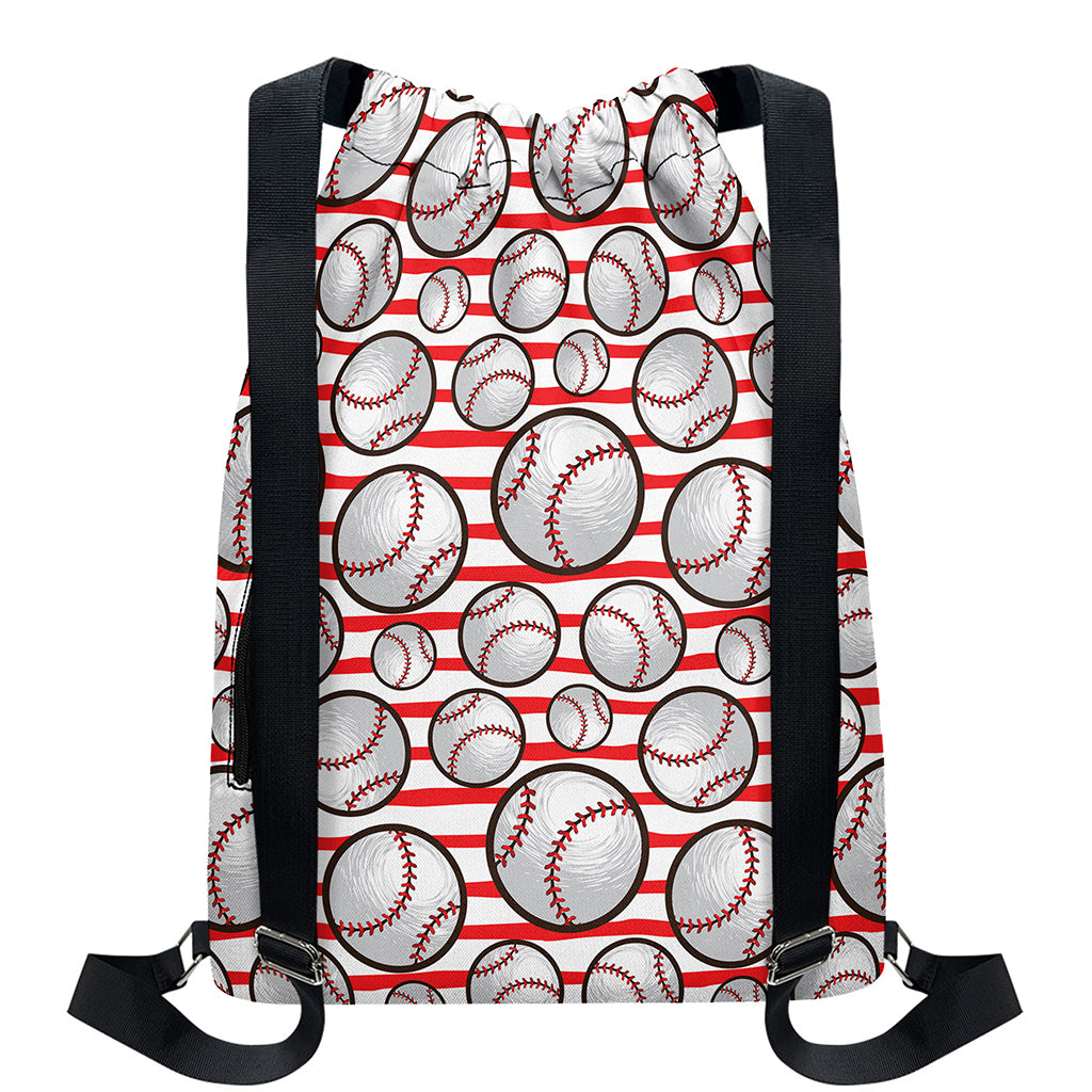 Red Striped Baseball Pattern Print Drawstring Backpack