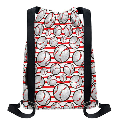Red Striped Baseball Pattern Print Drawstring Backpack