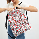 Red Striped Baseball Pattern Print Drawstring Backpack