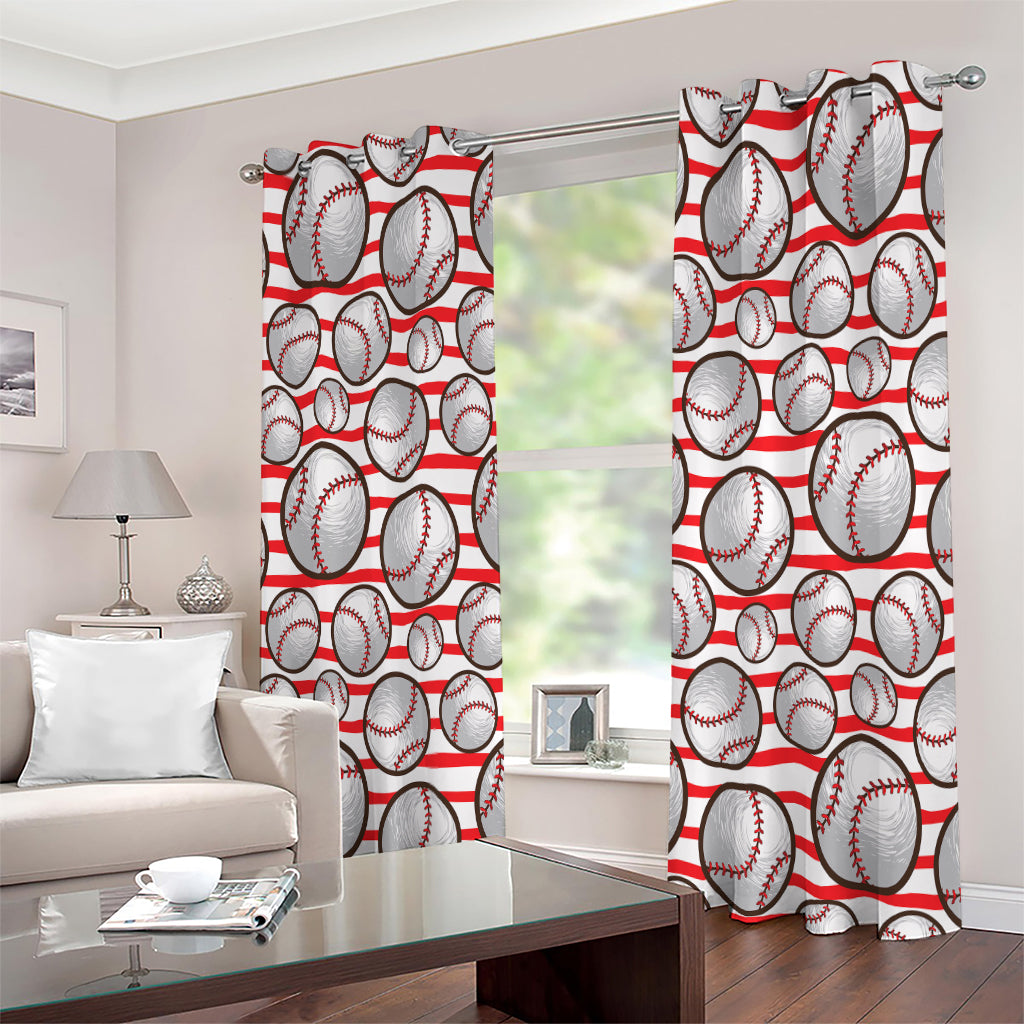 Red Striped Baseball Pattern Print Extra Wide Grommet Curtains