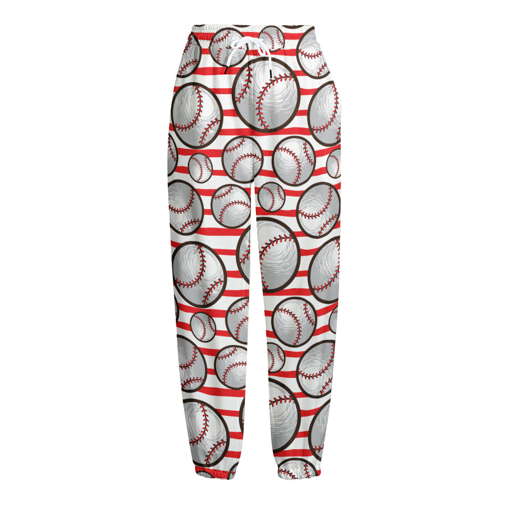 Red Striped Baseball Pattern Print Fleece Lined Knit Pants