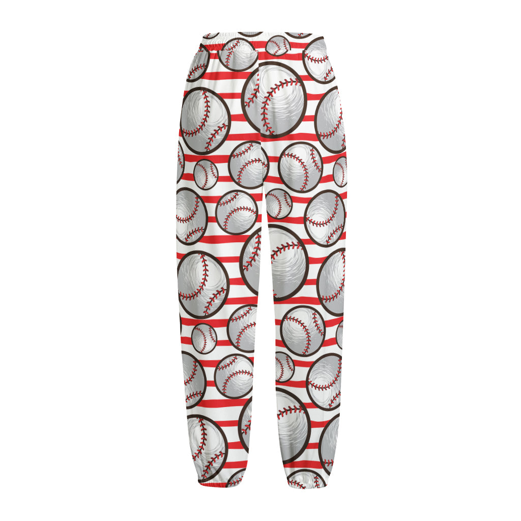 Red Striped Baseball Pattern Print Fleece Lined Knit Pants