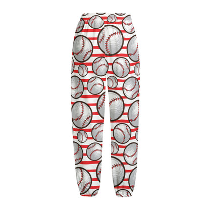 Red Striped Baseball Pattern Print Fleece Lined Knit Pants