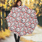 Red Striped Baseball Pattern Print Foldable Umbrella