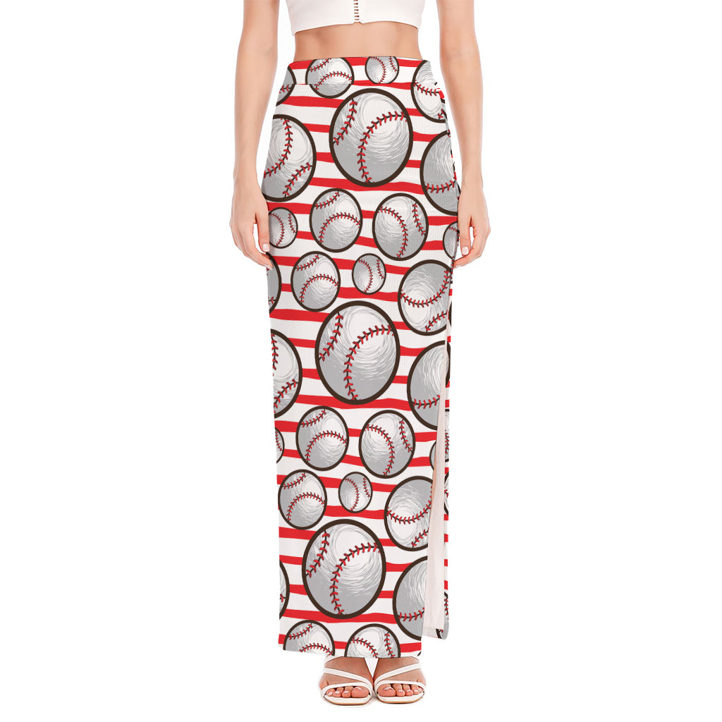 Red Striped Baseball Pattern Print High Slit Maxi Skirt