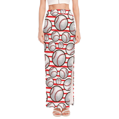 Red Striped Baseball Pattern Print High Slit Maxi Skirt