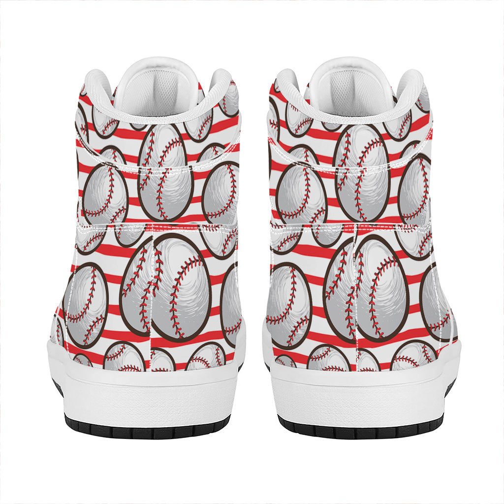 Red Striped Baseball Pattern Print High Top Leather Sneakers