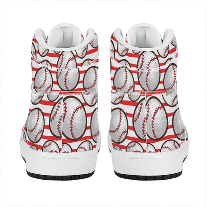 Red Striped Baseball Pattern Print High Top Leather Sneakers