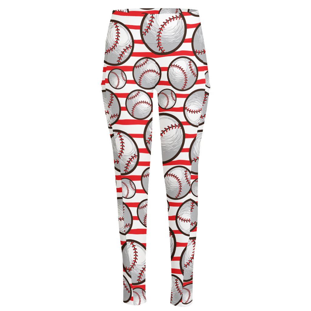 Red Striped Baseball Pattern Print High-Waisted Pocket Leggings