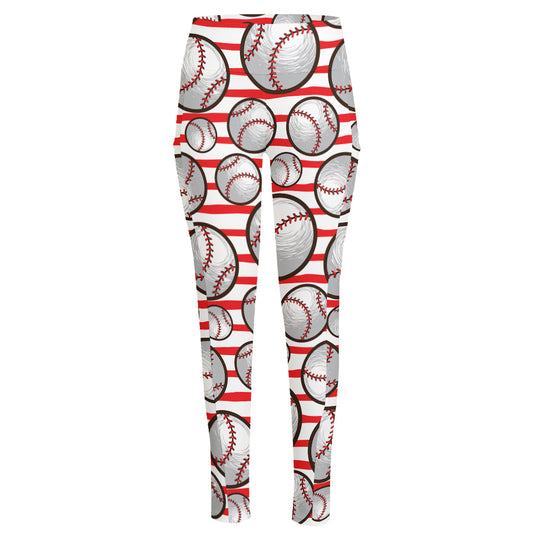Red Striped Baseball Pattern Print High-Waisted Pocket Leggings