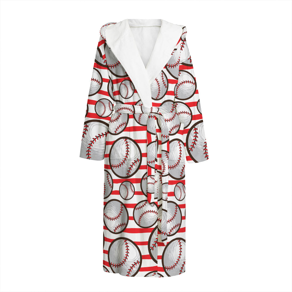 Red Striped Baseball Pattern Print Hooded Bathrobe