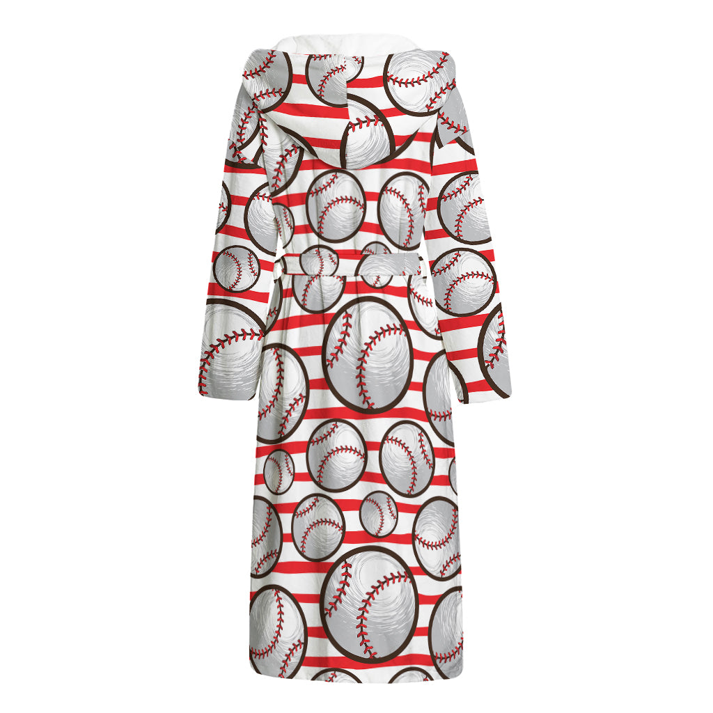 Red Striped Baseball Pattern Print Hooded Bathrobe